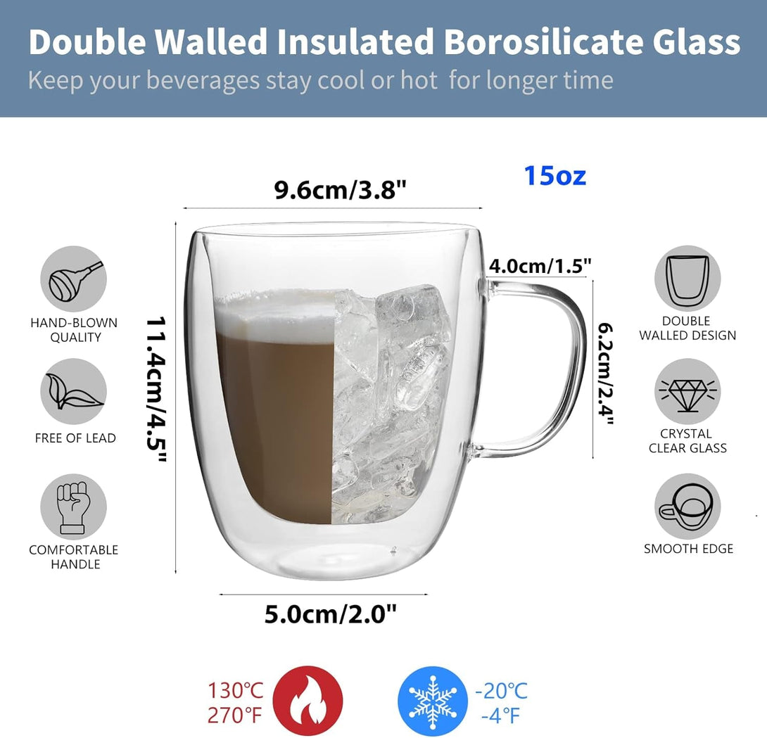 HORLIMER 15 Oz Double Walled Glass Coffee Mugs Set of 2, Clear Insulated Coffee Cup with Handle for Espresso Cappuccino Latte Tea Milk Juice
