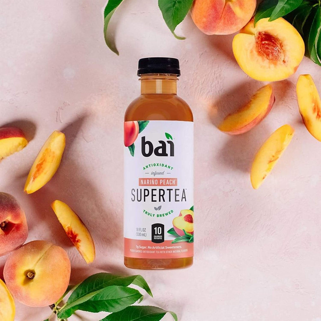 Bai Iced Tea, Narino Peach, Antioxidant Infused Supertea, Crafted with Real Tea (Black Tea, White Tea), 18 Fluid Ounce Bottles, 12 Count