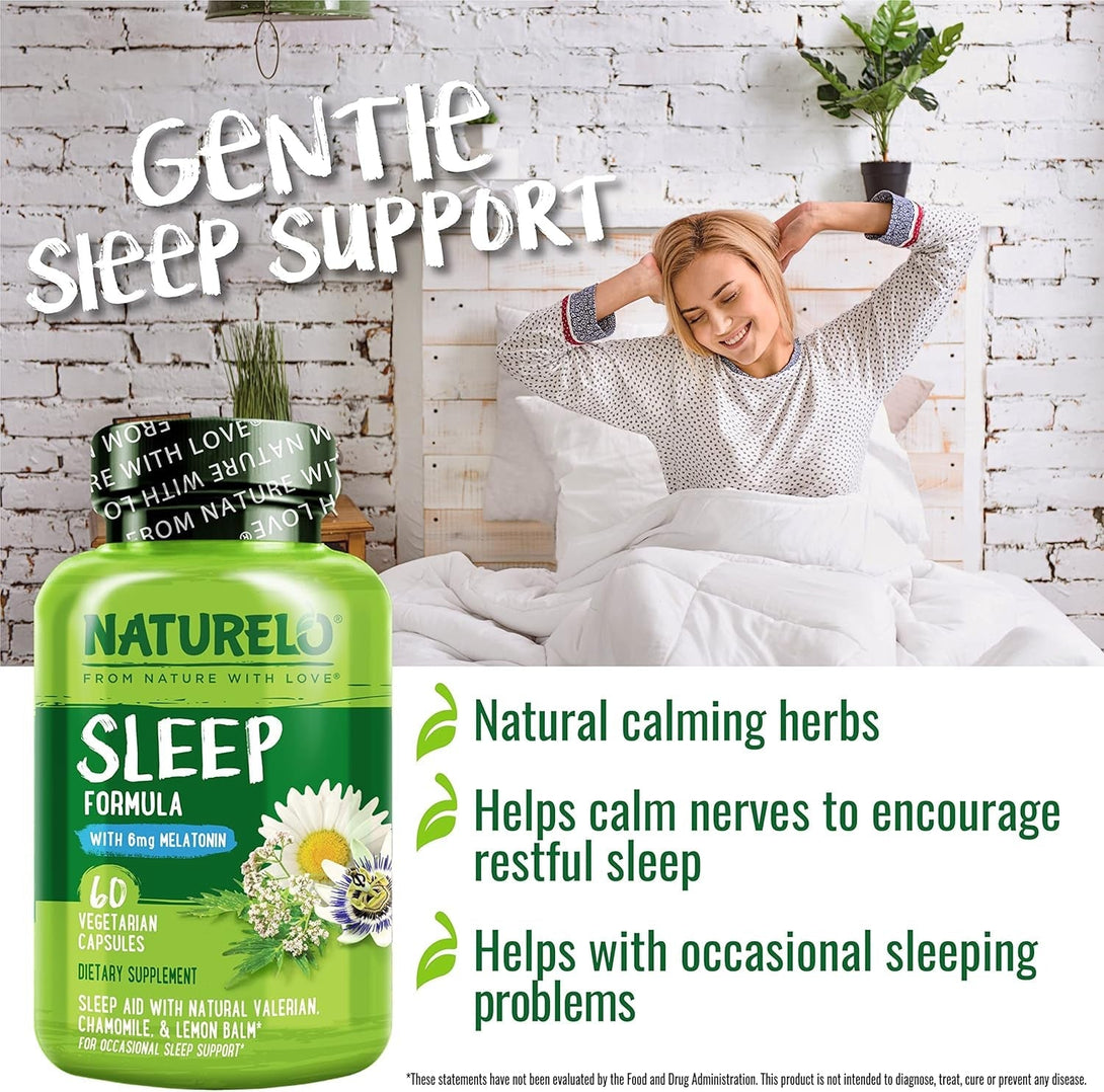 NATURELO Sleep Aid - with Melatonin, Magnesium, GABA, Valerian Root, Lemon Balm, Chamomile Herbal Extracts - Plant-Based Sleeping Aid - 60 Vegan Capsules
