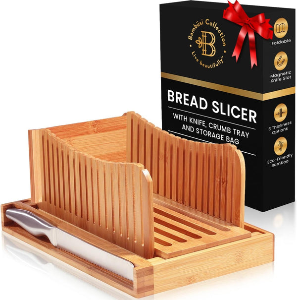 Bambüsi Bread Slicer for Homemade Bread - Bamboo Bread Cutter with Knife, Foldable Slicing Guide, Crumb Tray - Compact Bread Loaf Slicer for Cakes, Bagels, Loaves - Kitchen Gadget & Gifts
