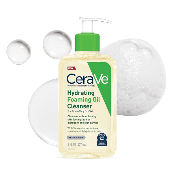 Cerave Hydrating Foaming Oil Cleanser, Moisturizing Cleanser for Face & Body, Squalane Oil + Hyaluronic Acid + Ceramides, for Dry to Very Dry Skin, Fragrance Free & Residue Free, 8 FL Oz
