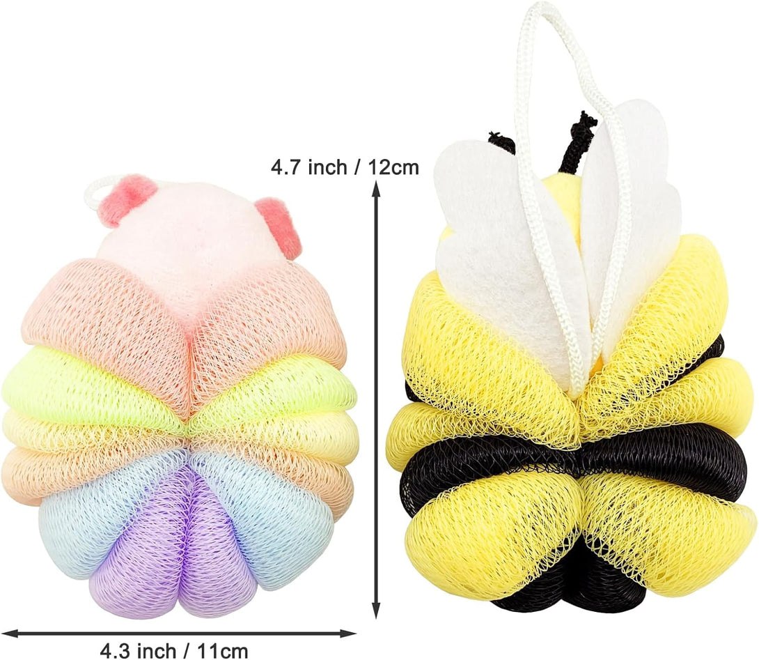 BETITETO Bath Sponges 2Pieces Kids Cute Cartoon Animal Bath Loofahs Pouf Mesh Balls Body Scrubber Bathing Accessories Gifts for Children Women (Bee + Pig)