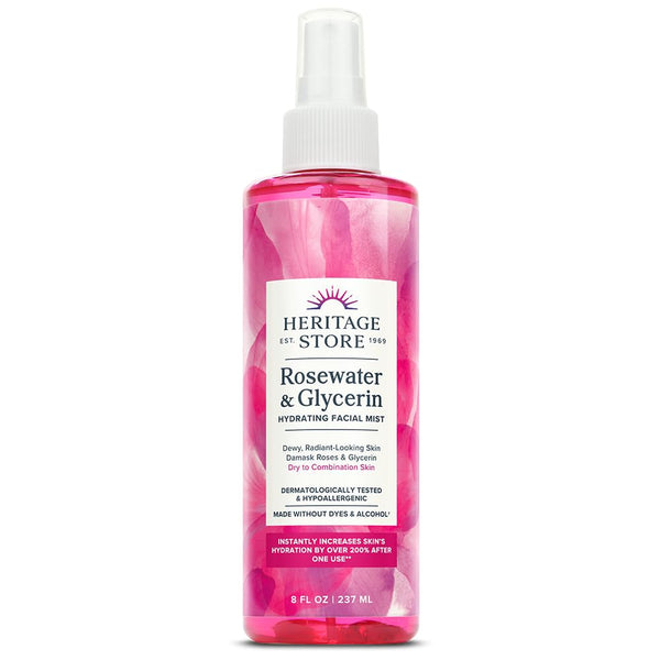HERITAGE STORE Rosewater & Glycerin, Hydrating Facial Mist for Dry Combination Skin Care, Rose Water Spray for Face with Vegetable Glycerine, Made without Dyes or Alcohol, Vegan, 8Oz