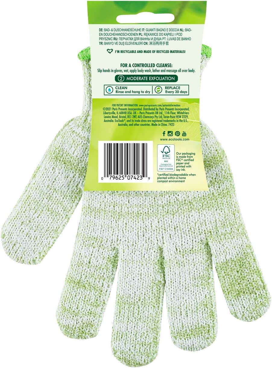 Ecotools Bath & Shower Gloves, Recycled Netting, Exfoliating, Gentle Cleansing for Whole Body, Fits All Hands, Green, 1 Pair