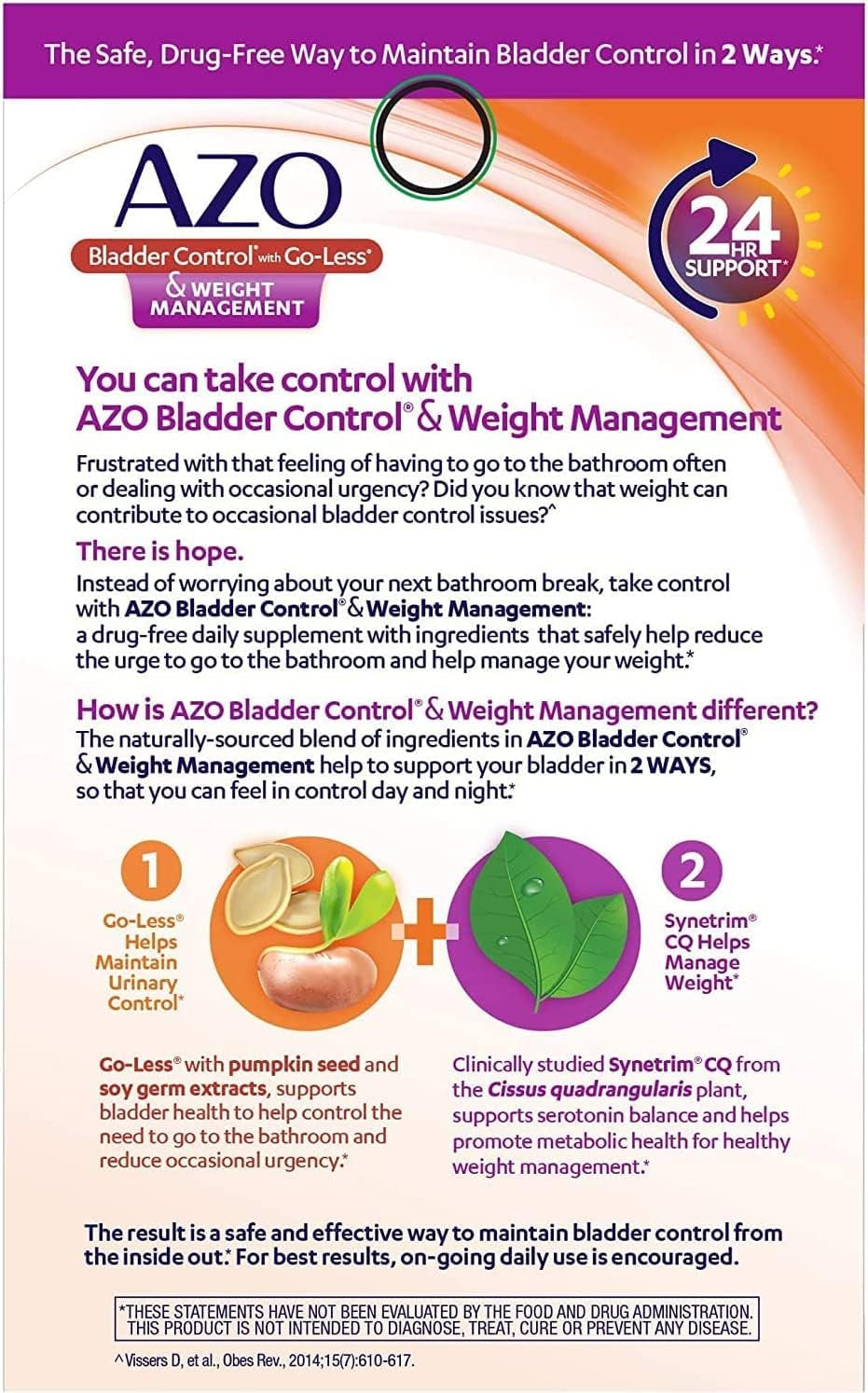 AZO Bladder Control with Go-Less® & Weight Management Dietary Supplement | Helps Reduce Occasional Urgency* | Promotes Healthy Metabolism* | Supports a Good Night’S Sleep* | 48 Capsules