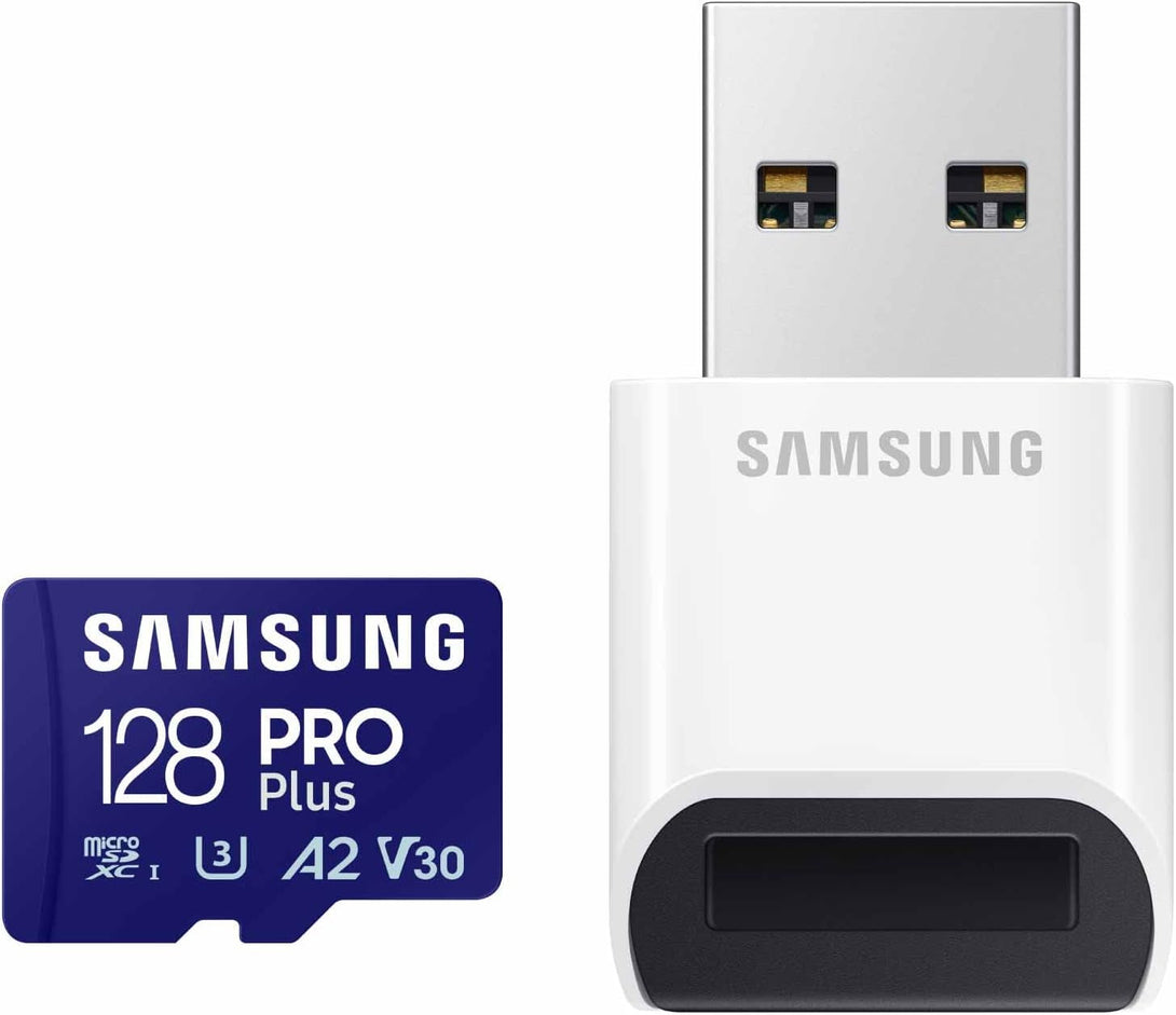 SAMSUNG PRO plus Microsd Memory Card + Reader, 128GB Microsdxc, up to 180 Mb/S, Full HD & 4K UHD, UHS-I, C10, U3, V30, A2 for Android Phones, Tablets, Gopro, DJI Drone, MB-MD128SB/AM, 2023