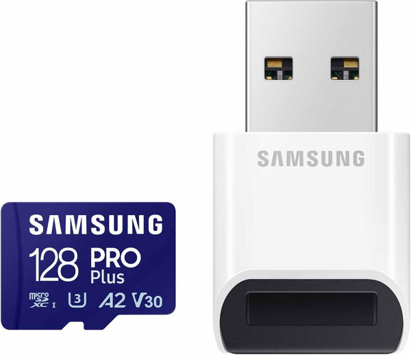 SAMSUNG PRO plus Microsd Memory Card + Reader, 128GB Microsdxc, up to 180 Mb/S, Full HD & 4K UHD, UHS-I, C10, U3, V30, A2 for Android Phones, Tablets, Gopro, DJI Drone, MB-MD128SB/AM, 2023