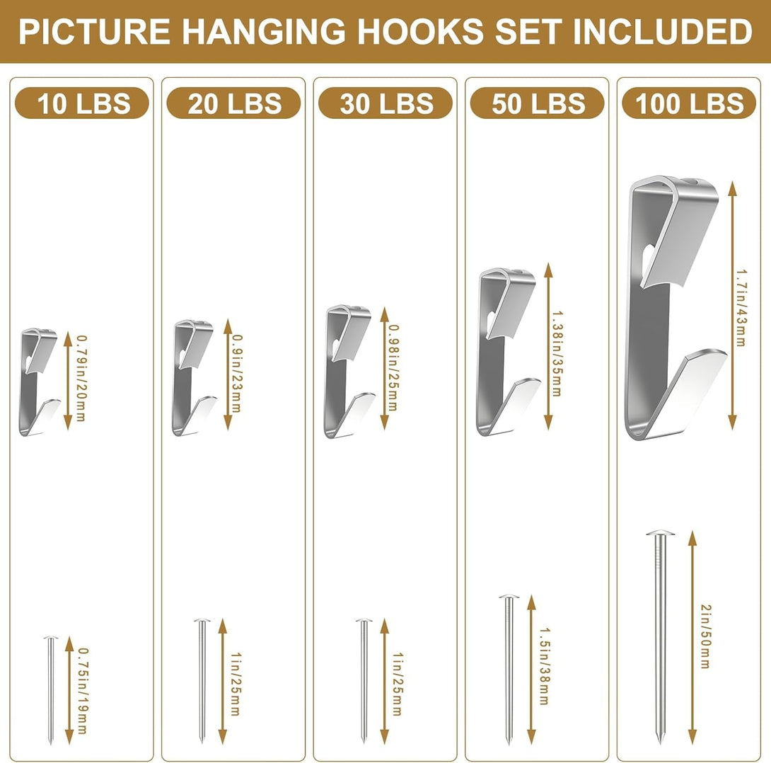 202 PCS Frame Hanger Kit, 10Lb, 20Lb, 30Lb, 50Lb&100Lb Picture Hanging Hardware Kit, Picture Hanging Tool, Pcture Hangers,Picture Frame Hanging Kit, Picture Hooks for Pictures, Canvas, Mirror (Silver)