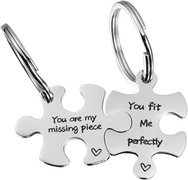 Valentine'S Day His and Hers Puzzle Piece Pendant Necklace Keychain Set Personalized Couples Stamped Chain Keyring