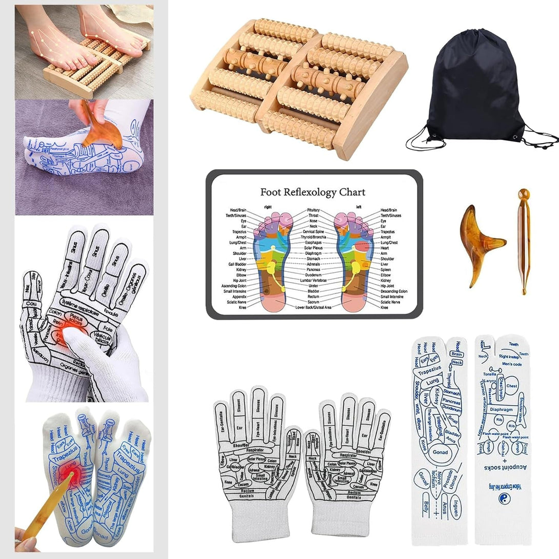Reflexology Socks with Gloves Tools Set - Acupressure Foot Massager & Wooden Roller to Enhance Circulation, Relieve Pain in Wide Feet,Promote Health, Gift for Mom, Dad, or Elderly