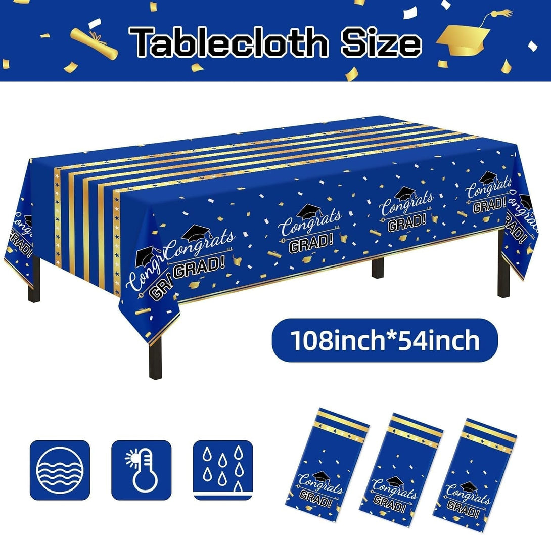 Childom 3 Pack Graduation Tablecloth,Graduation Party Decorations 2025 Blue and Gold,54"X108" Disposable Plastic Table Cloth,Waterproof Plastic Disposable Tablecloth for Home,School,Party Supplies
