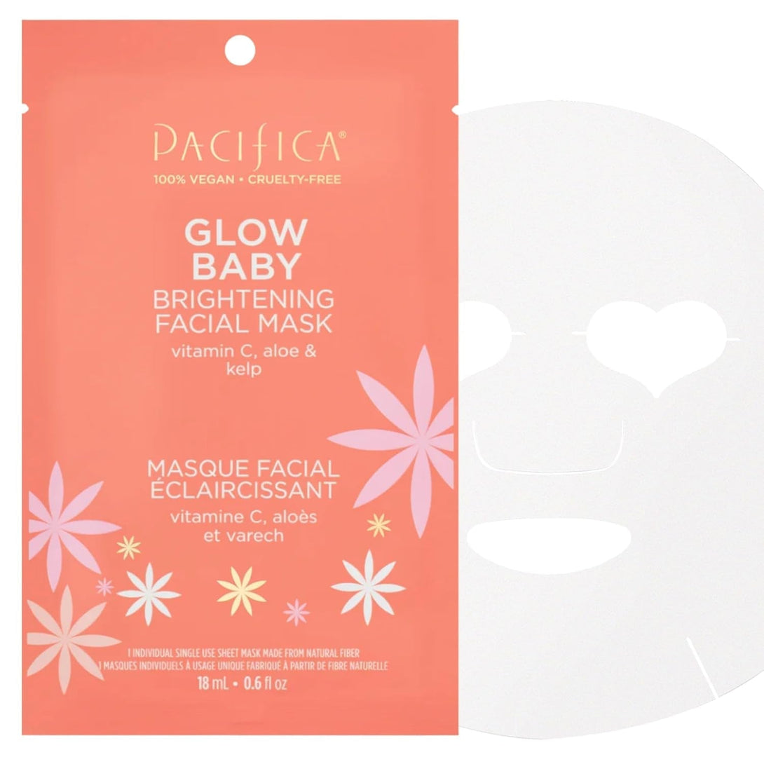 Pacifica Sheet Face Mask - Glow Baby Brightening Facial Mask W/Vitamin C, Aloe & Kelp – Cooling Mask for Dark Spots & Fine Lines - Clean Beauty Vegan & Cruelty-Free Dermatologist Tested
