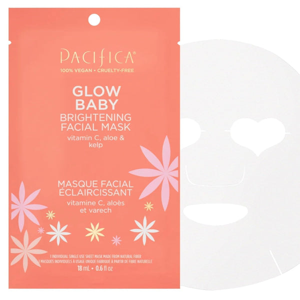 Pacifica Sheet Face Mask - Glow Baby Brightening Facial Mask W/Vitamin C, Aloe & Kelp – Cooling Mask for Dark Spots & Fine Lines - Clean Beauty Vegan & Cruelty-Free Dermatologist Tested