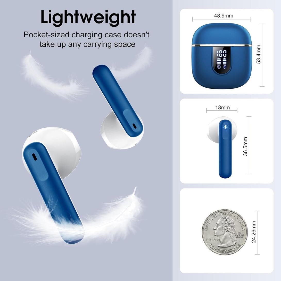 Wireless Earbuds, 2025 Bluetooth 5.4 Headphones in Ear Buds 3D Bass Stereo, 40H Ultralight Bluetooth Earbuds with 4 ENC Noise Cancelling Mic, USB-C, IP7 Waterproof Earphones for Android Ios Pad, Blue