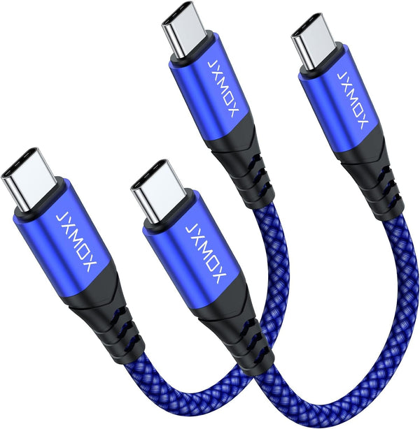 JXMOX Short USB C to USB C Cable 60W, (2 Pack 0.5Ft) Type C Fast Charging Cord Charger Cable Compatible with Iphone 16 Pro Max/15 Pro Max, Samsung Galaxy S23 S22+ S21 Ultra, Note 20, Ipad Pro (Blue)