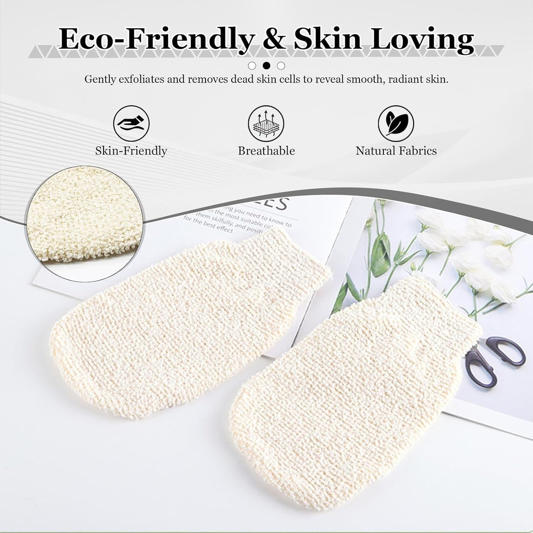 Natural Hemp Bath Mitts & Loofah Gloves Set - Exfoliating Shower Gloves for Women and Men, Organic Fiber Body Scrubber, Reusable Eco-Friendly Bath Accessories (3-Pack)