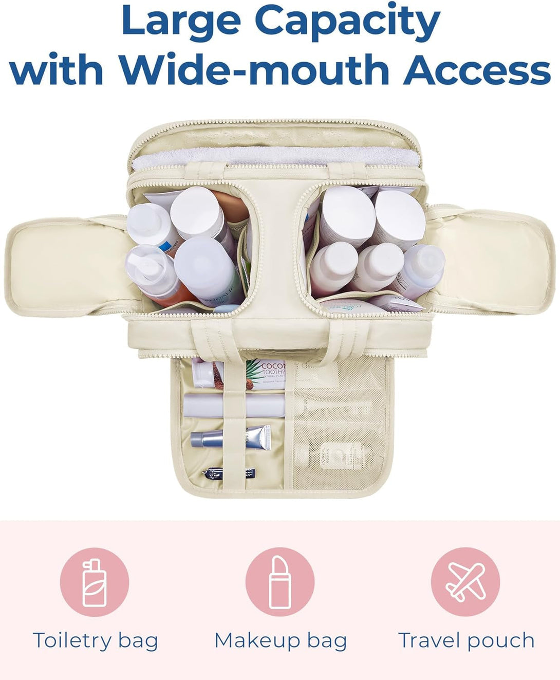 BAGSMART Travel Toiletry Bag, Lightweight Large Wide-Open Travel Bag for Women, Puffy Cosmetic Makeup Bag Organizer with Handle for Accessories,Essentials, Toiletries, Grayish Brown