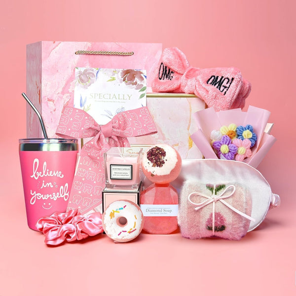 Reekei Get Well Soon Care Package,15Pcs Gifts Set- Birthday Gifts for Women - Funny Gift Ideas for Friends, Coworkers, Wife, Mom, Daughter,Sister,Lavender Relaxing Gift Basket for Women,Pink Style