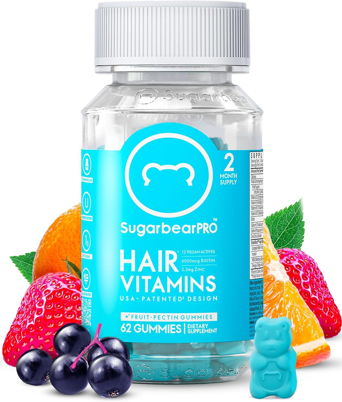 Sugarbear Hair Vitamin Gummy 2 Month Supply Extra Strength Biotin 6000Mcg, Growth for Men & Women, Vegan Vitamin B12, MSM, Inositol, Omega 3, Elderberry, Certified Kosher, Halal, Cruelty-Free