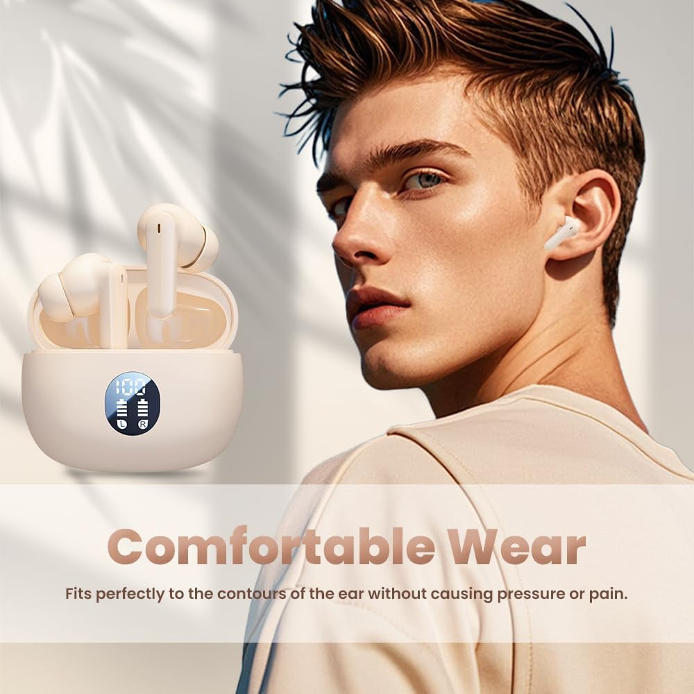 Wireless Earbuds Bluetooth, Ear Buds with Deep Bass, 48H Long Playtime, Power Display, IPX7 Waterproof in Ear Earphone with Mic for Phone Tablet Sports Workout (Off White)