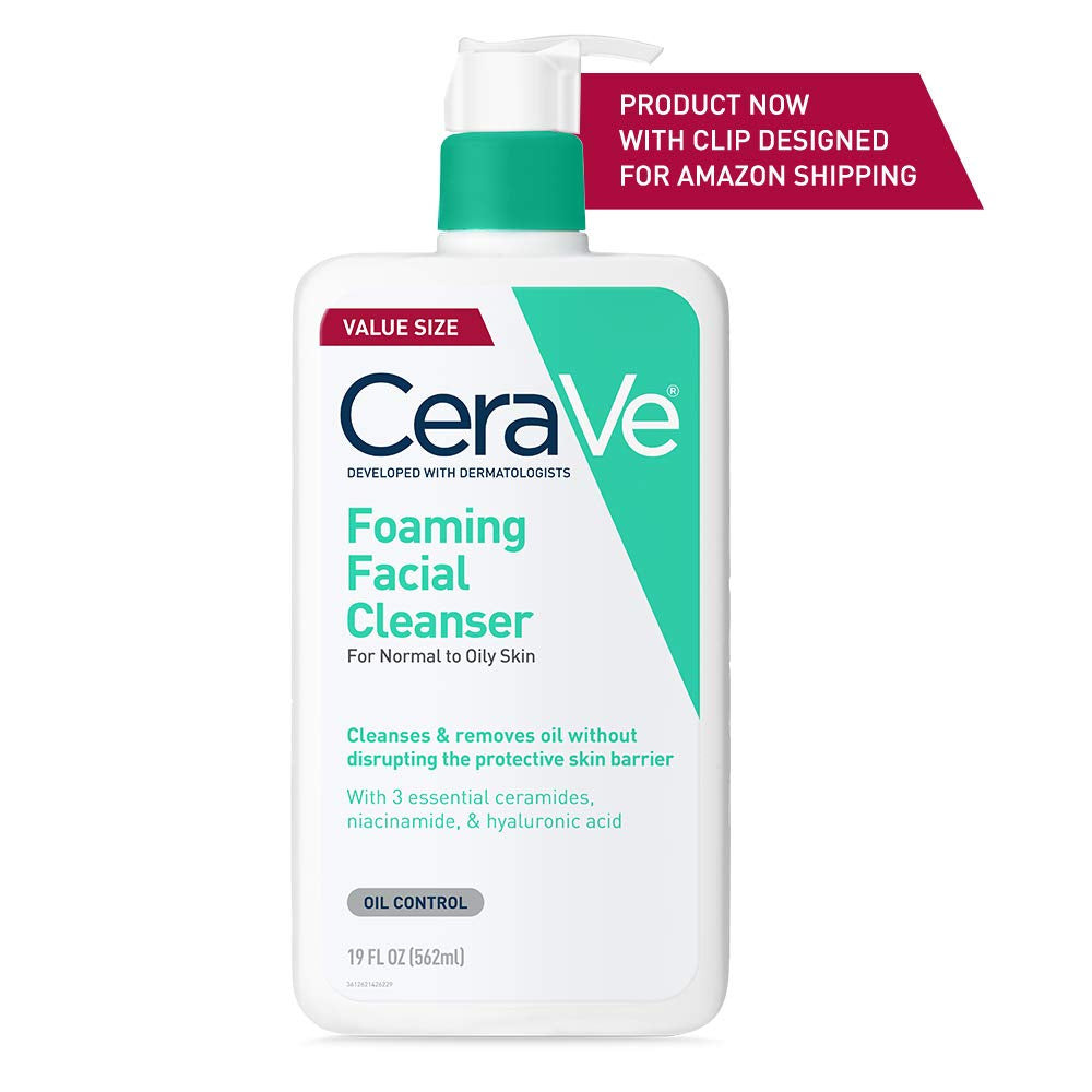 Cerave Foaming Facial Cleanser, Daily Face Wash for Oily Skin, Hyaluronic Acid + Ceramides + Niacinamide, Fragrance Free & Paraben Free, Non-Drying Oil Control Face Wash, 19 Fluid Ounce