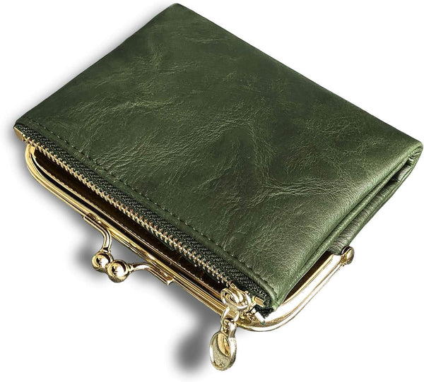 AOXONEL Womens Wallet Small Rfid Ladies Compact Bifold Leather Vintage Coin Purse with Zipper and Kiss Lock