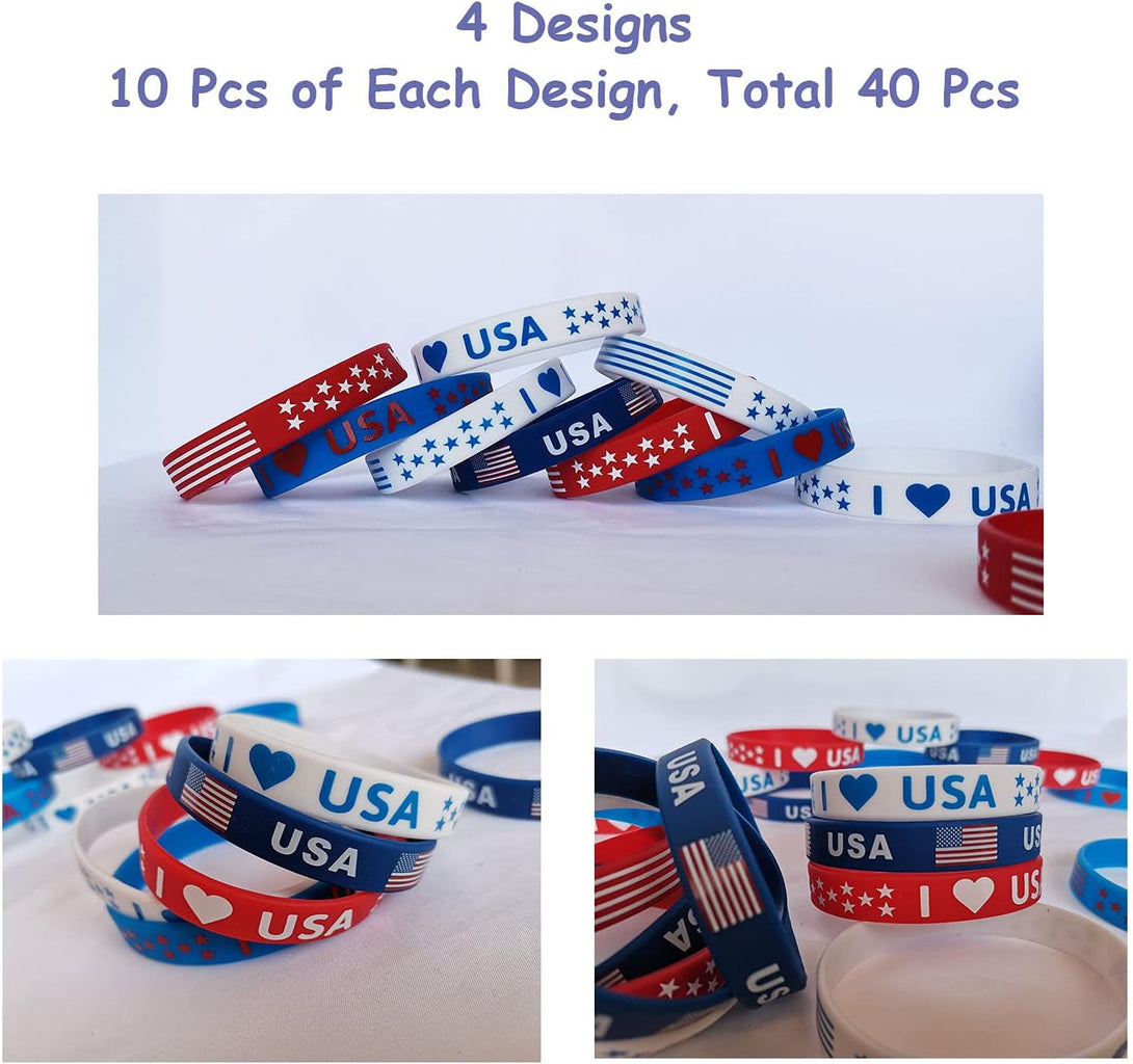 American Flag Silicone Bracelet 40Pcs, Patriotic Party Fourth 4Th of July Party Favors, Memorial Day Veterans Day Wristband, USA Red White and Blue Decoration