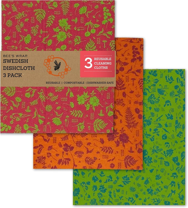 Bee'S Wrap Swedish Dish Cloths - Pack of 3 Colorful Patterned Reusable Paper Towels - Spring Swedish Dishcloths for Kitchen - Organic & Washable Paper Towel Alternative