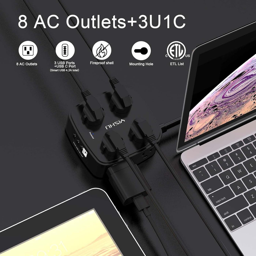 10 Ft Surge Protector Power Strip - 8 Widely Outlets with 4 USB Ports, 3 Side Outlet Extender with 10 Feet Extension Cord, Flat Plug, Wall Mount, Desk USB Charging Station, ETL, Black