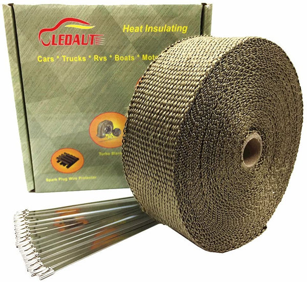 2" X 50' Titanium Exhaust Heat Wrap Roll for Motorcycle Fiberglass Heat Shield Tape with Stainless Ties
