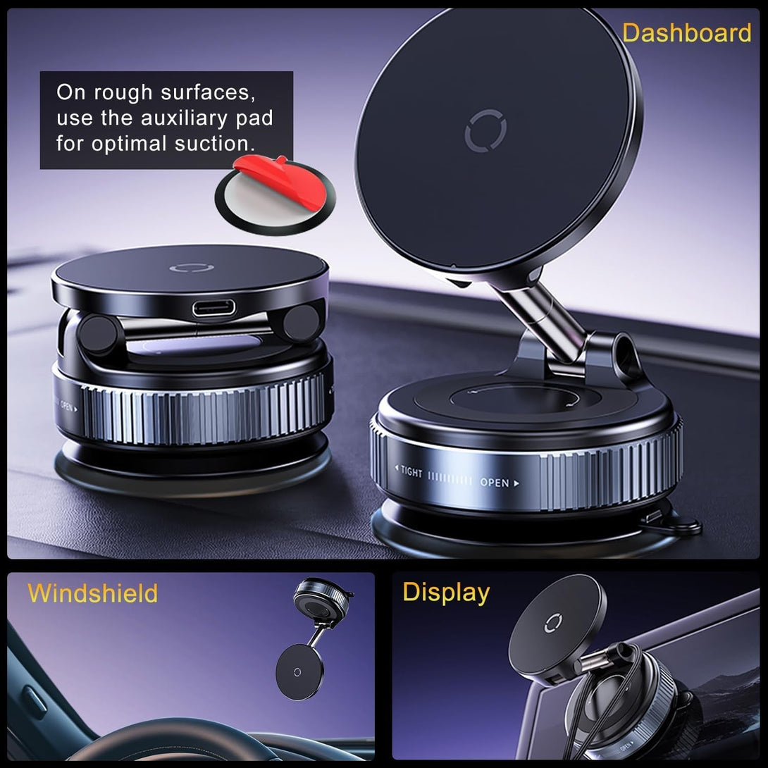 15W Wireless Charger Vacuum Magnetic Phone Holder for Magsafe, 360° Adjustable Suction Cup Phone Mount for Car Dashboard/Windshield, Vacuum Magnet Stand for All Smartphones