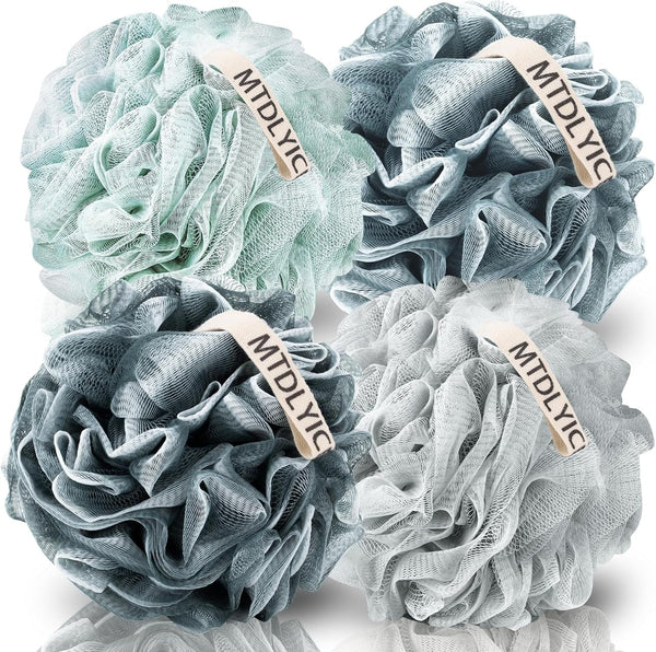Loofah Sponge, XXL Large Loofah 100G 4 Pack, Bath Sponge Soft Mesh Shower Loofah for Men, Body Scrub, Shower Pouf Bath Accessories, for Body Wash, Soap (Blue Gray)