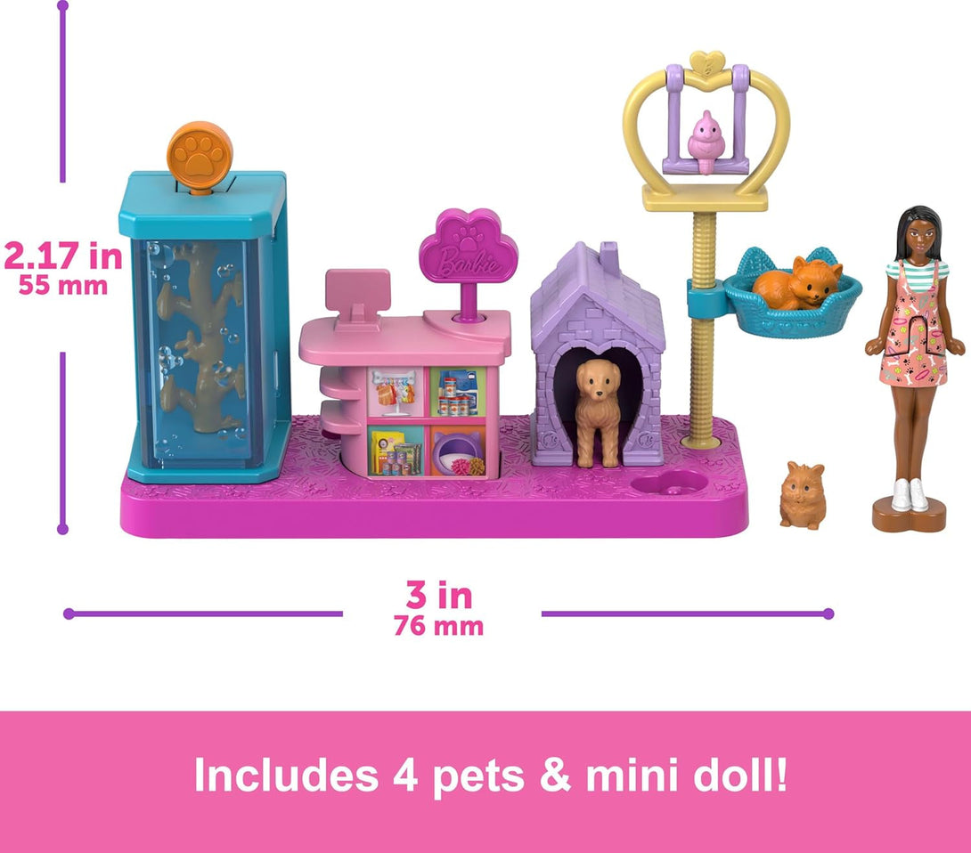Barbie Mini Barbieland Collectible Pet Boutique Playset with 1 1/2-Inch Doll, Pet Product Display, Check Out Stand, Pet House & Cat Baskets for Storytelling Play
