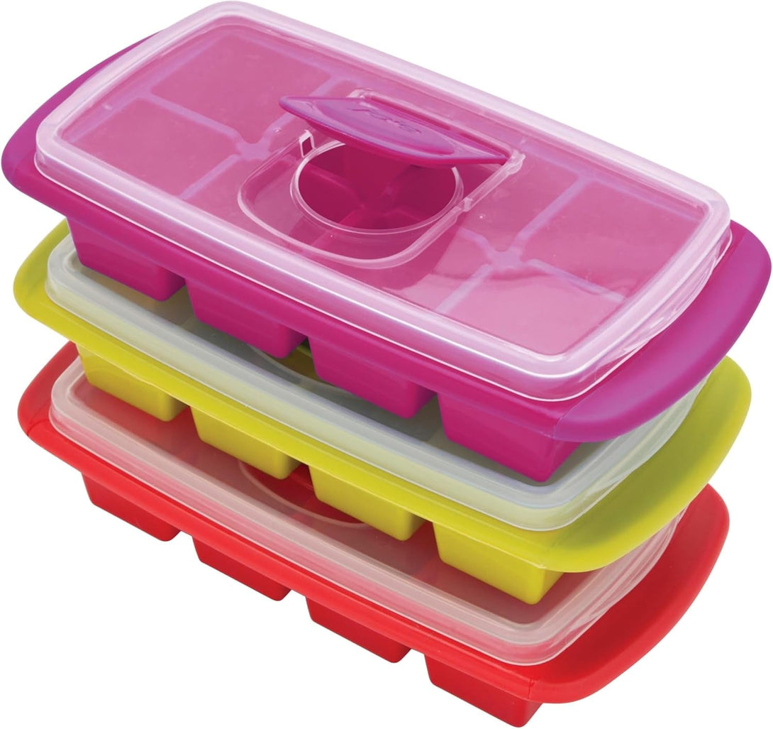 Joie Extra Large Ice Cube Tray, Covered and Stackable, No-Spill Removable Lid, Pop Open Door for Easy Refills, Keeps Ice Fresh, Freezer Durable, Dishwasher Safe, Colors May Vary