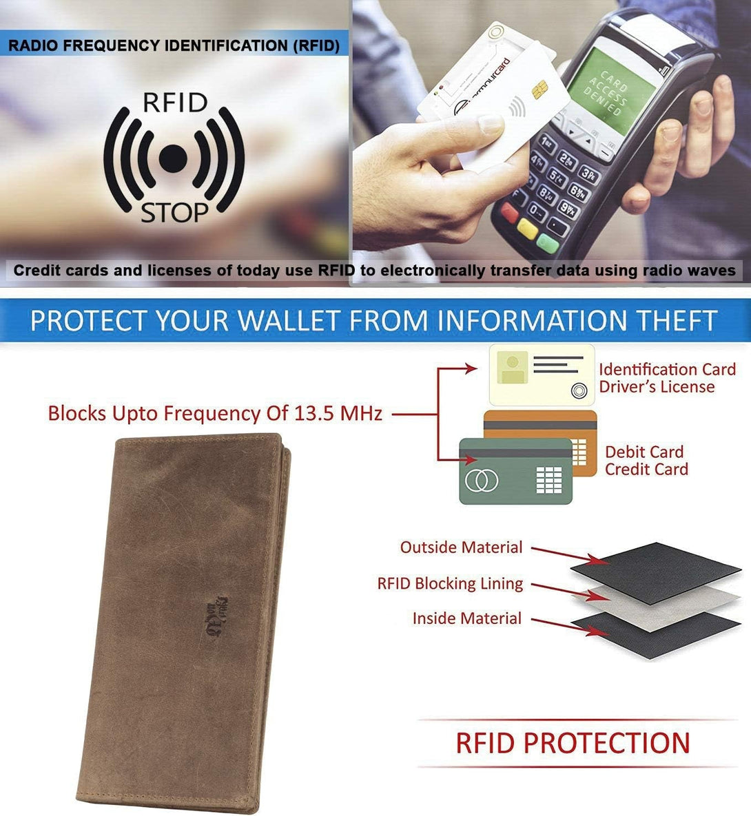 Mou Meraki RFID Blocking Mens Genuine Leather Bifold Long Wallet