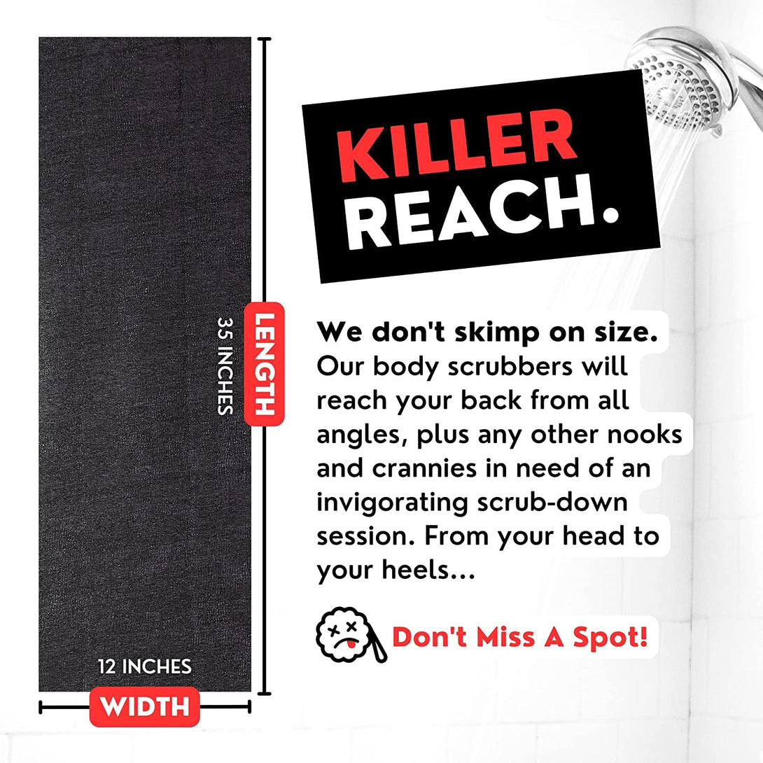 Extra Rough Exfoliating Washcloth - Extreme Body & Back Scrubber for Shower, Extra Long, Hygienic Exfoliator Wash Cloth, Men or Women, 2 Count Pack, 1 Black & 1 Grey Color, Bye Bye Loofah