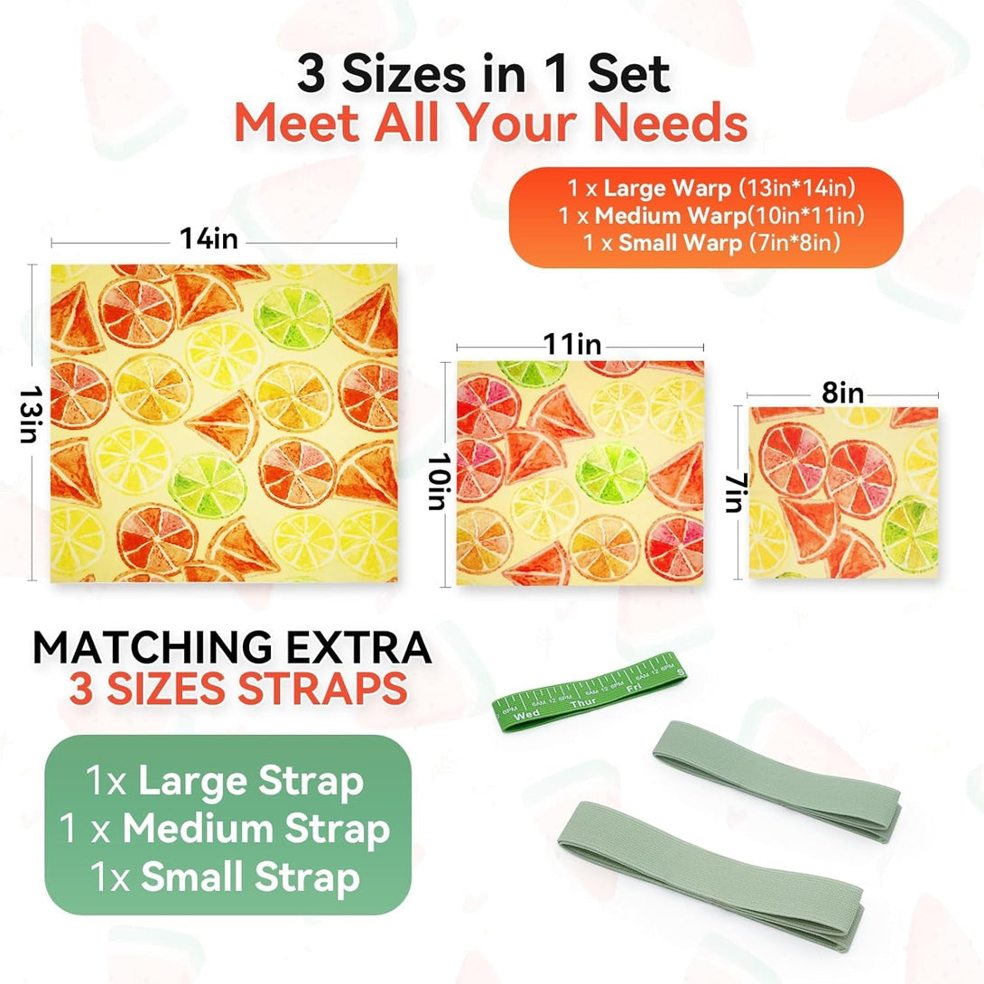 Beeswax Food Wraps Reusable 6-Pack - 3 Sizes + Elastic Storage Wraps for Containers | Reusable Beeswax Bowl Covers & Stretchable Food Wrap | Plastic-Free Storage for Sandwiches, Leftovers, Mason Jars