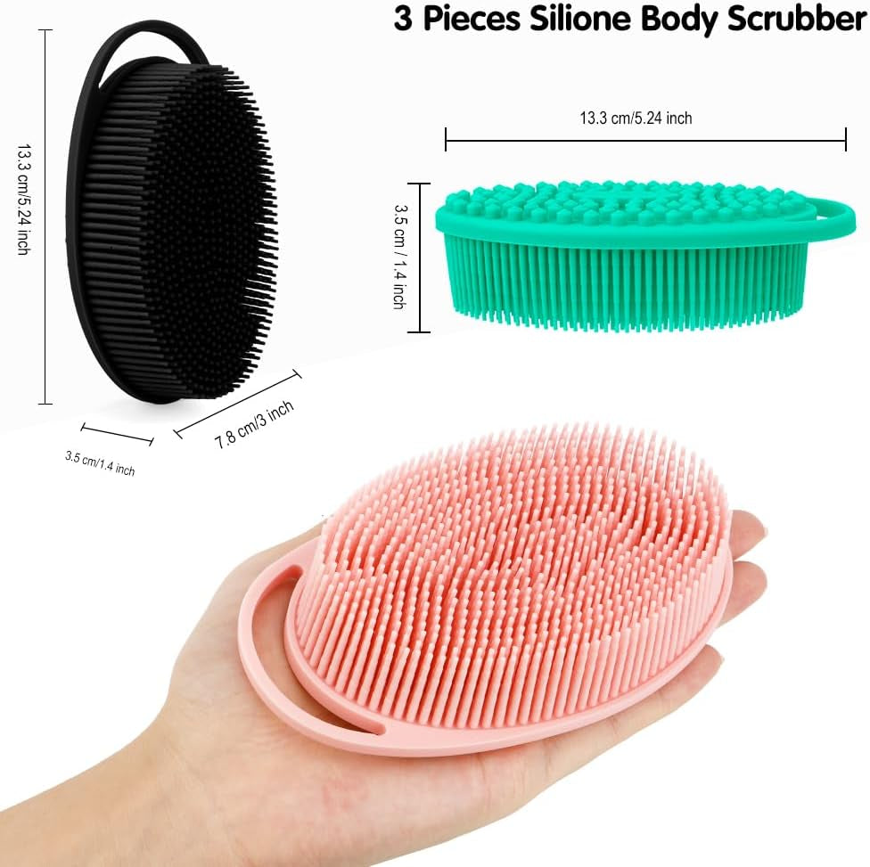3 Pack Silicone Body Scrubber, Silicone Loofah Exfoliating Soft Body Scrubber, Silicone Body Brush Bath Shower Scrubber for Body, 2 in 1 Bath and Shampoo Wash Brush for Skin Exfoliation Men Women