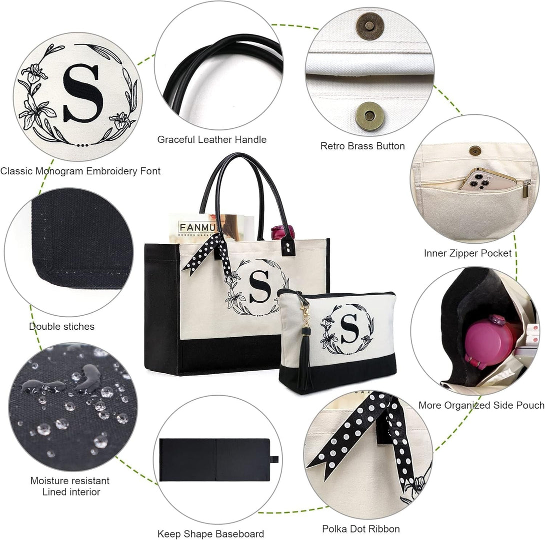 Beegreen Mother'S Day Gifts Personalized Women'S Large White and Black Canvas Tote Bag, Embroidered Initials, Leather Handle, Zipper Closure
