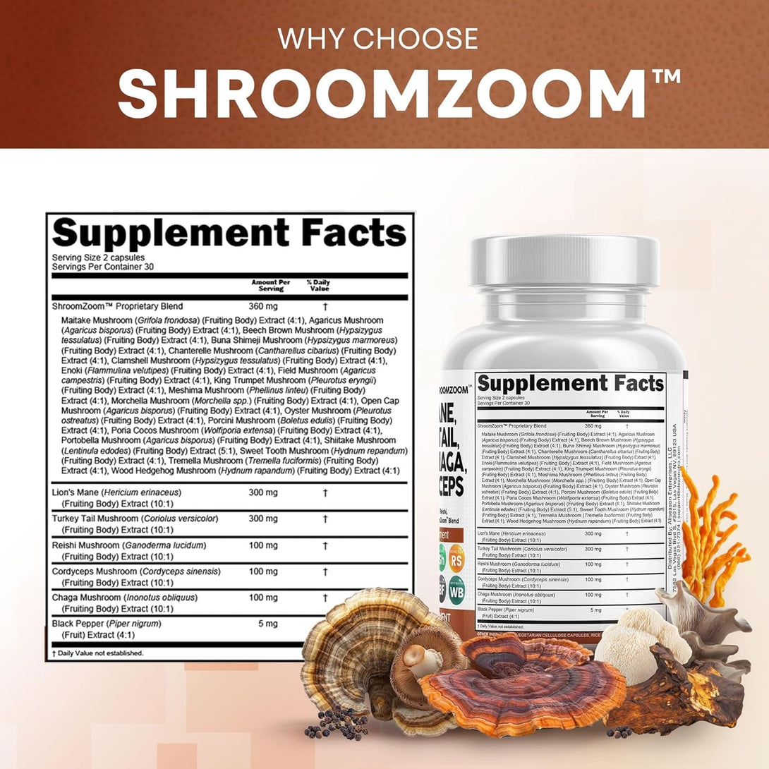 Clean Nutraceuticals Lions Mane 20In1 Mushroom Supplement with Turkey Tail Reishi Cordyceps Chaga Maitake Meshima Poria Cocos Shiitake Oyster Porcini Enoki - Pack
