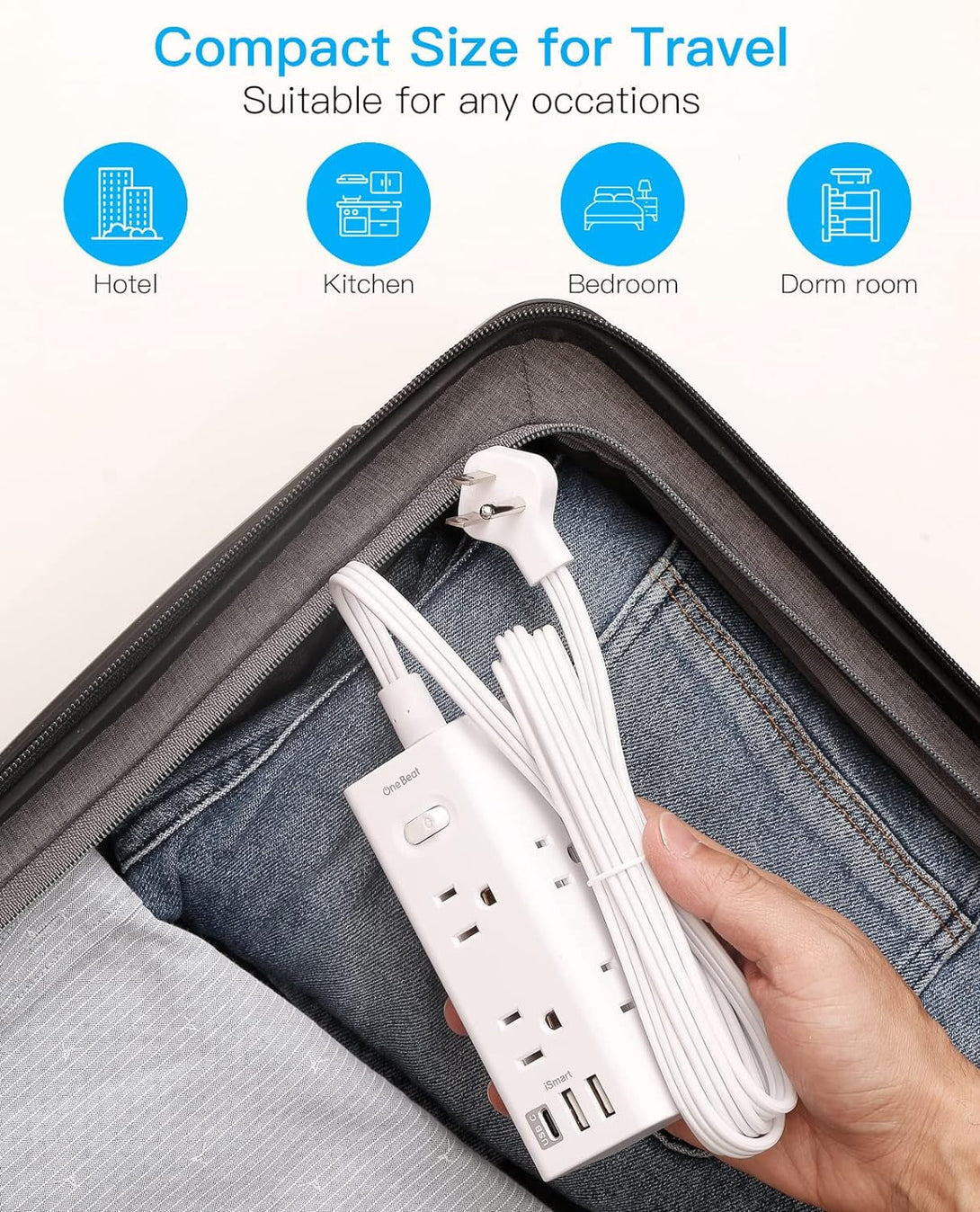 One Beat 10Ft Extension Cord with Multiple Outlets,Flat Plug Power Strip Surge Protector with 10 Ft Long Cord,6 Outlet 3 USB Ports (1USB C),Multi Outlet Wall Plug for Travel,College,Dorm Essentials