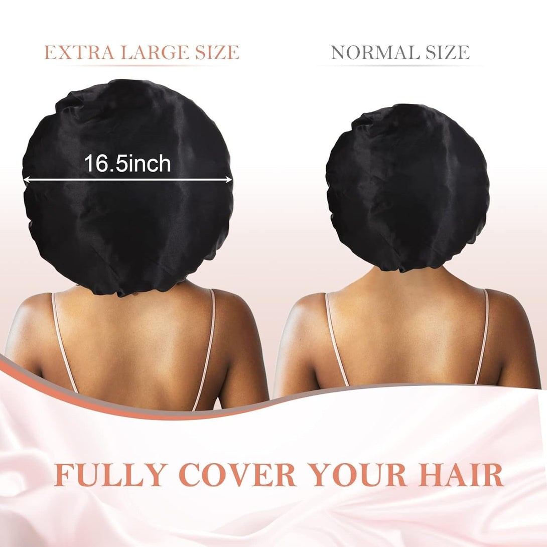 3Pcs Silk Bonnet for Sleeping, Satin Hair Bonnets for Sleeping Black Curly Hair Women Extra Large Jumbo Bonnet with Tie Band Braids (Black+Peacock Blue+Purple)