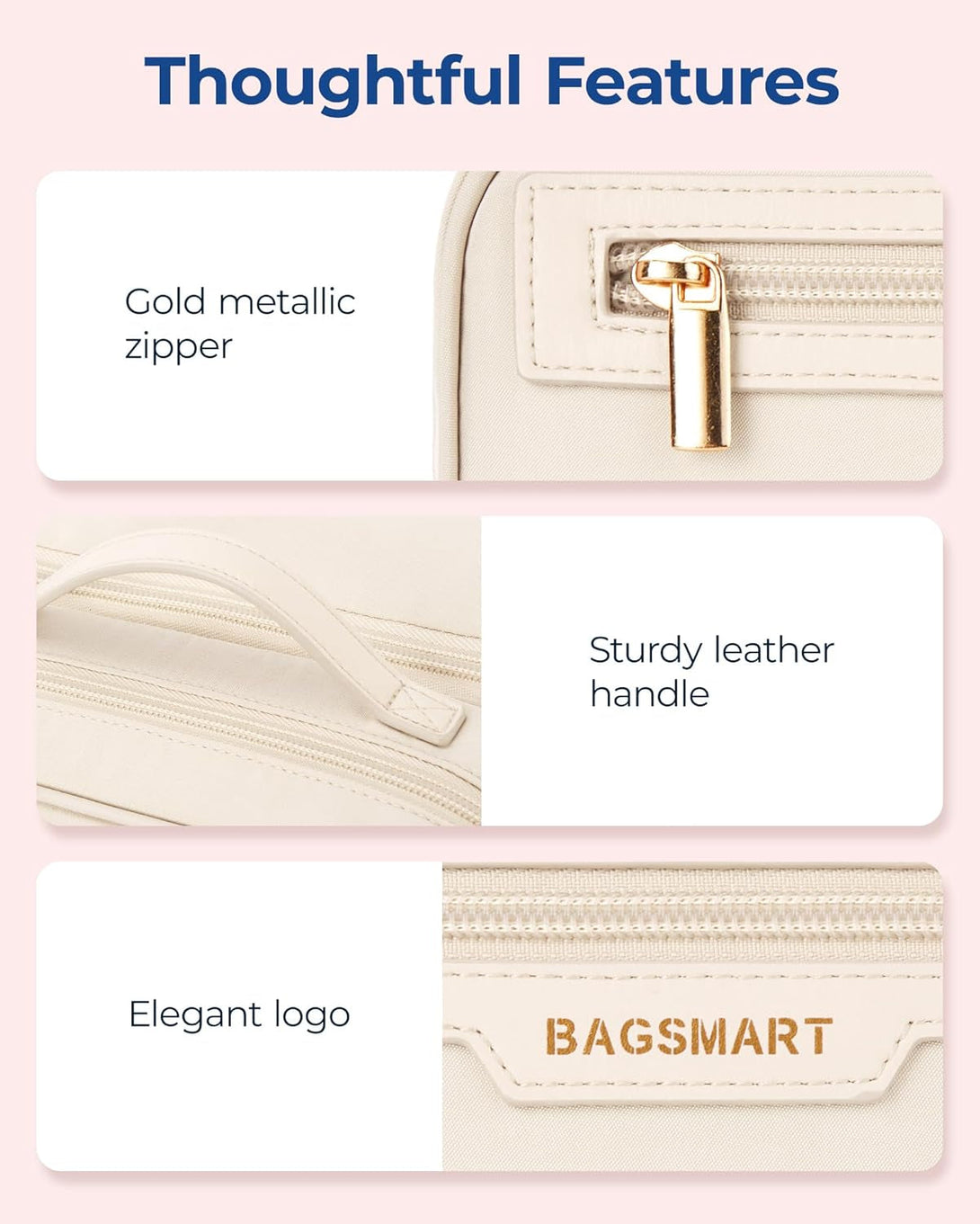 BAGSMART Travel Makeup Bag, Make up Bag with Multiple Compartments for Organizer, Durable & Compact Cosmetic Organizer for Women for Travel Accessories (Beige)