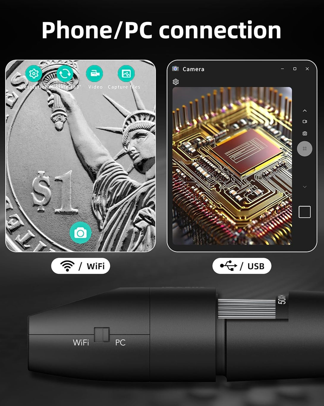 Digital Microscope Wireless Pocket Handheld USB Microscopes, 50X-1000X Zoom Fixed Focus HD Magnifier with Leds, Inspection Camera Compatible with Iphone, Android Phone, Macbook, Windows PC (Black)