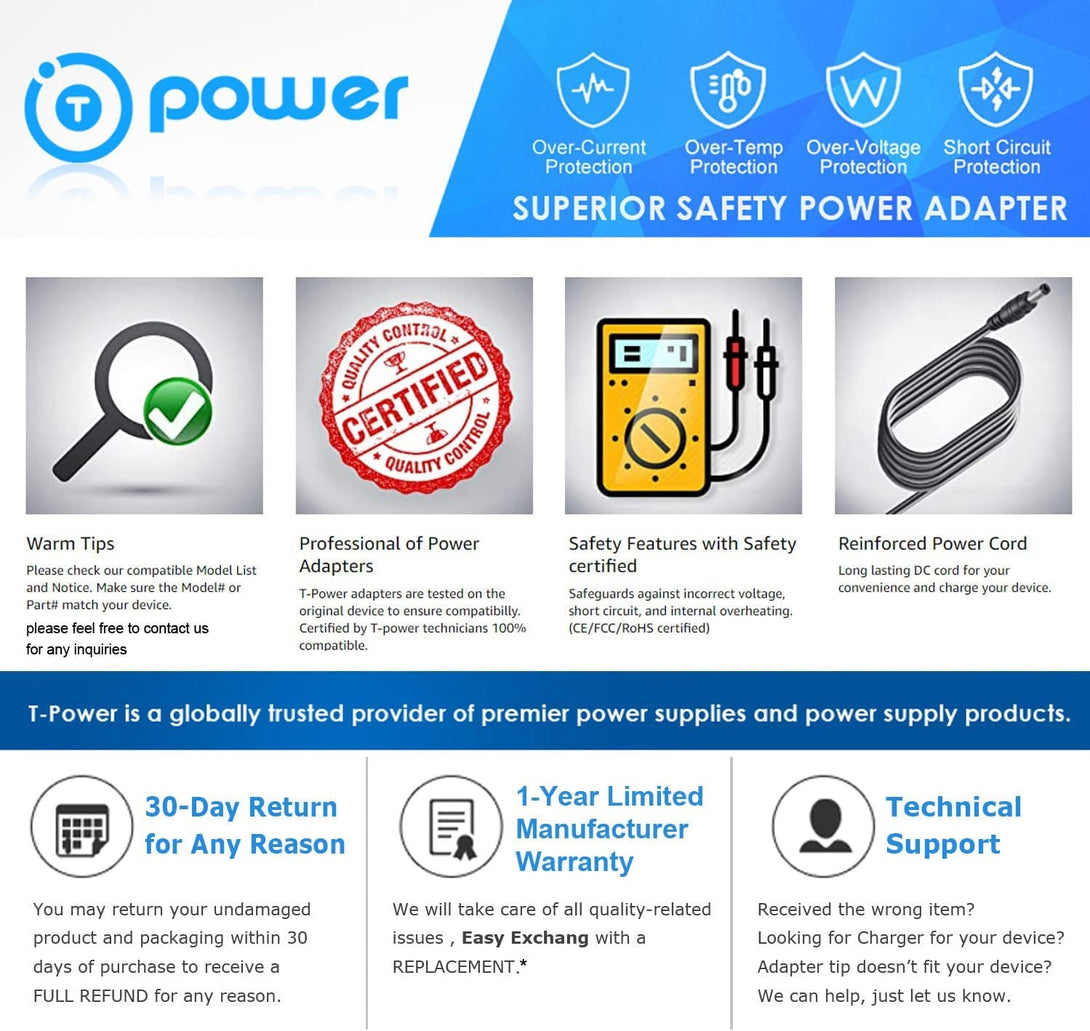 T POWER 12V Charger for AOC LED LCD 16" 20" 22" 23" 24" 27" Monitor E2043Fk E2043FK-DT E2243FWK E2343FK E2243FW I2353PH E2351F LM720 LM729 LM800 LM914 Ac Dc Adapter Power Supply Cord