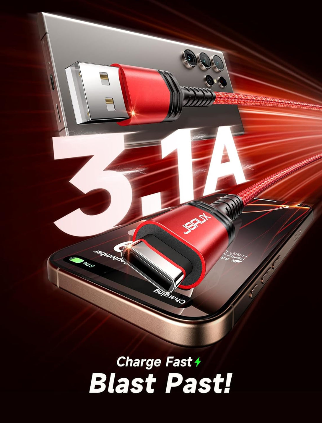 JSAUX USB C Cable [2-Pack 6.6Ft], USB a to USB Cord 3.1A Fast Charging Compatible with Iphone 16/16 Plus/16 Pro/16 Pro Max/Iphone 16E/Iphone 15 Series, Samsung S20 S10 S9, Note 20 10, Car Play - Red