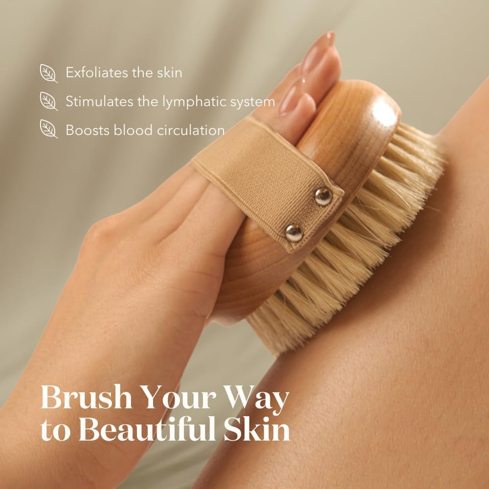 Bare Botanics Dry Body Brush for Lymphatic Drainage - Improve Circulation W/Gentle Exfoliation for Soft Skin - Ergonomically Designed W/Elastic Strap - Soft but Firm Natural Boar Bristles