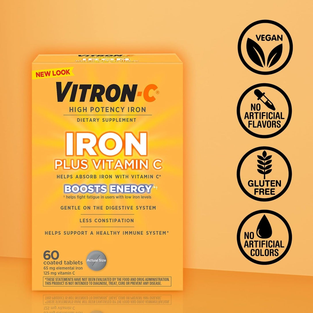 Vitron-C Iron Supplement, Immunity Support Iron Supplements with Vitamin C, Iron Pills for Immune Support, 60 Count