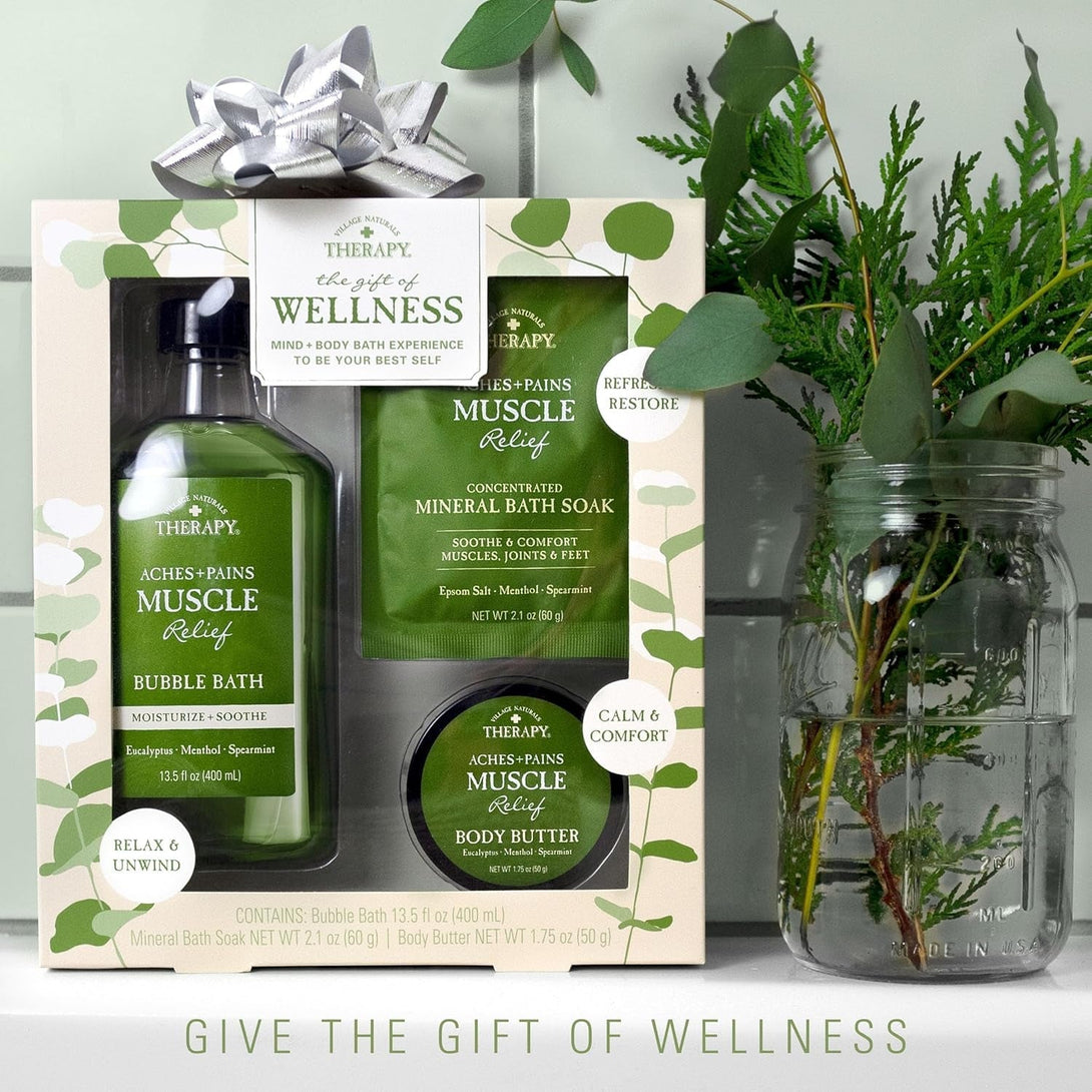 Village Naturals Therapy 3-Piece Relaxing Muscle Wellness Spa Gift Set, Eucalyptus Mint Scent