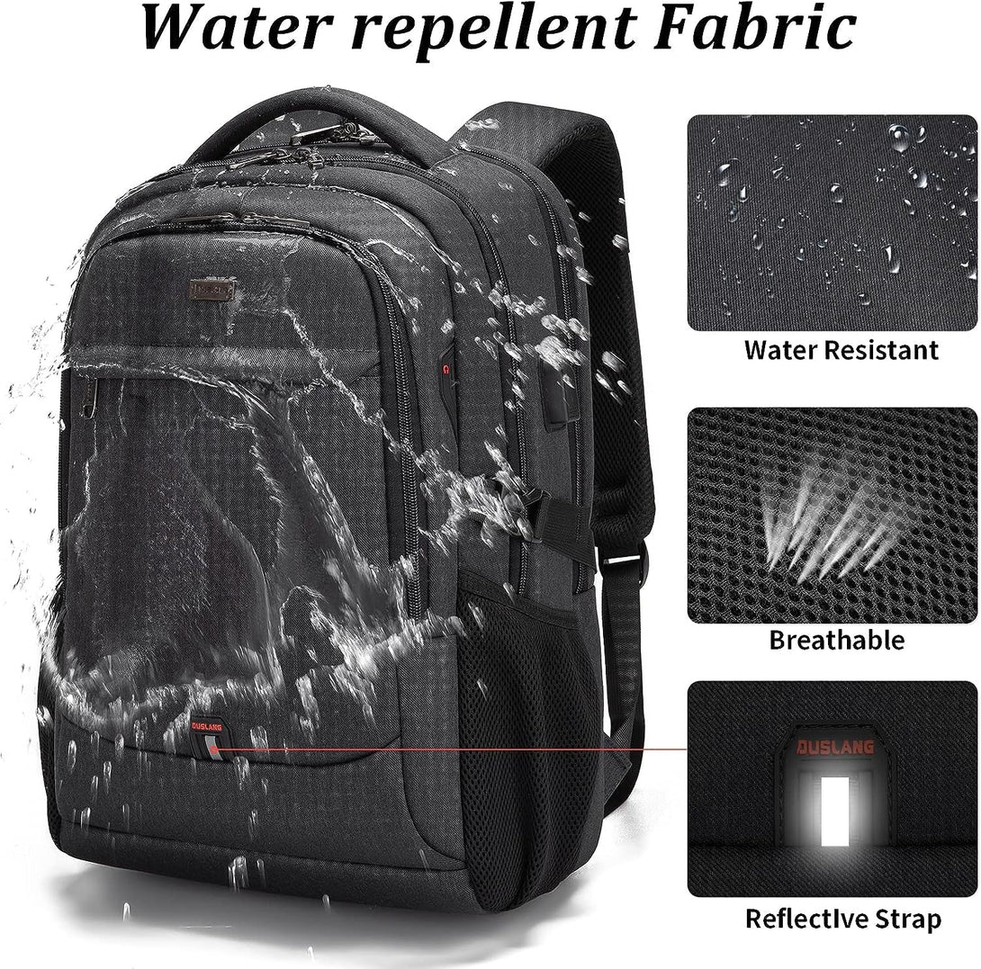 DUSLANG 17 Inch Laptop Backpack for Travel Water Resistant College Backpack for Men/Women Laptop Bag with USB Charging Port and Storage Bag Underwear Sock Storage Bag, Black